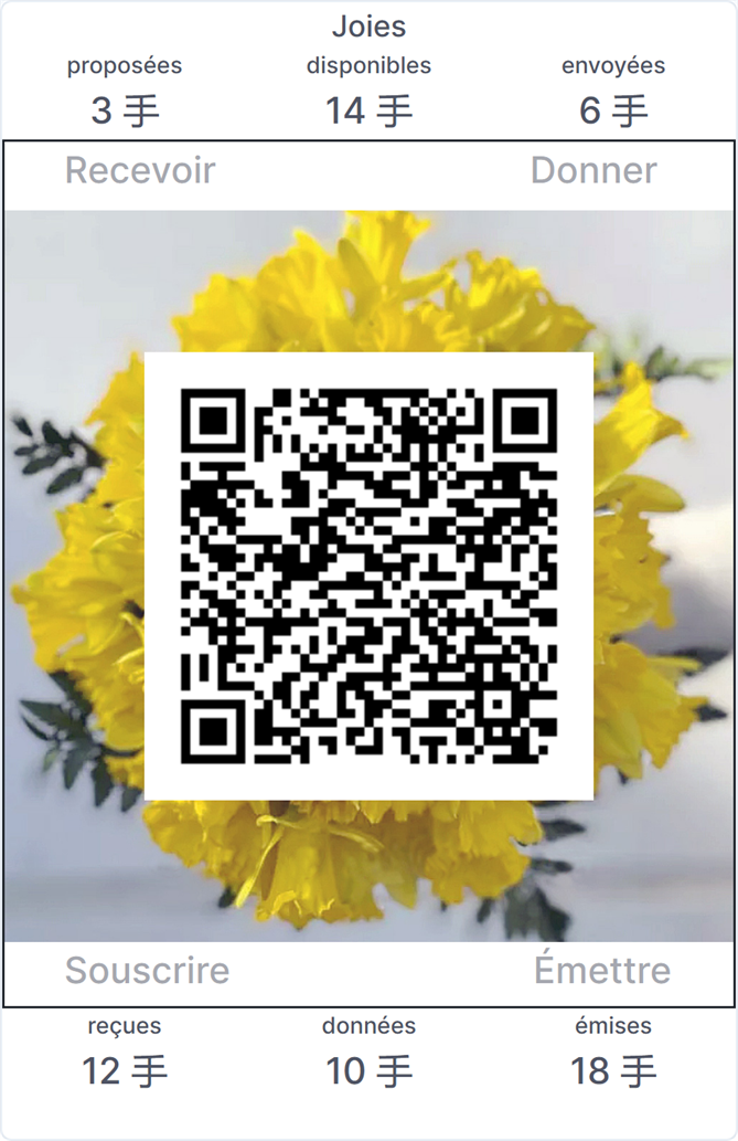 Capture d'écran du panel porteJoie en français — six compteurs autour de quatre commandes et le QR code central.